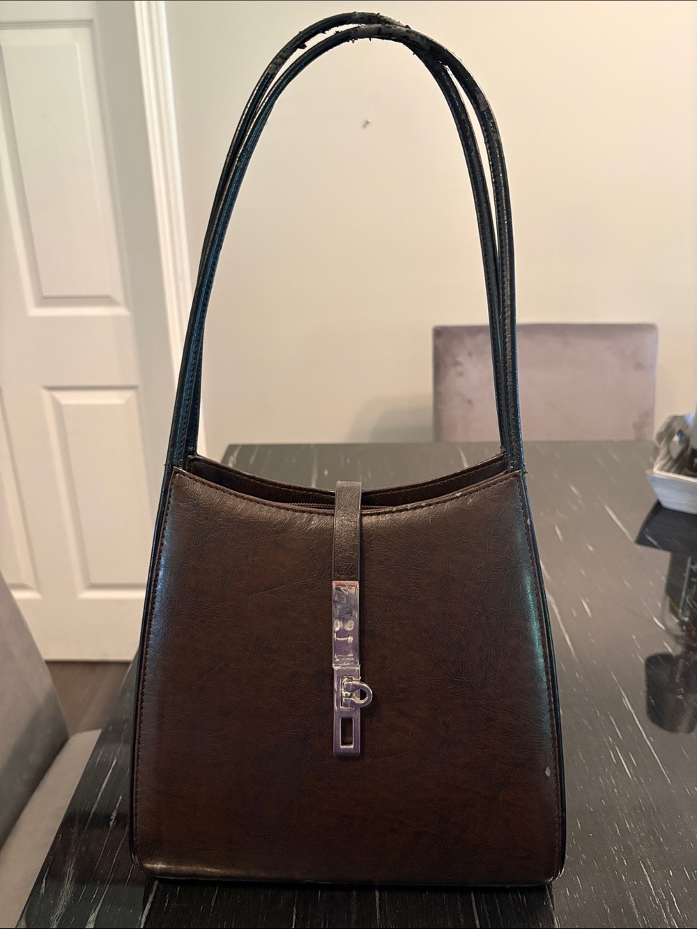 Classic Brown Shoulder Bag with Silver Hardware